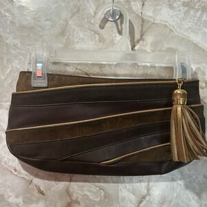 Brown Leather Clutch‎ Bag with Tassel Accent Evening Party Purse